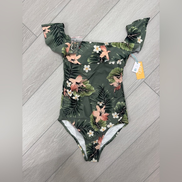 Kona Sol Other - NWT Kona Sol Floral Green Swimsuit off-shoulder Size M (8-10)